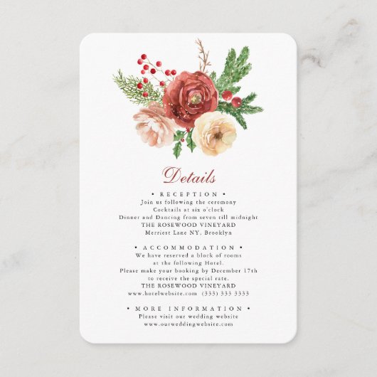 Terracotta Floral Pine Foliage Wedding Details Enc Informatiekaartje (Voorkant)