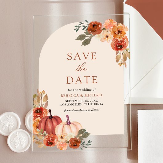 Terracotta Floral Pumpkin Wedding Save the Date Acryl Uitnodigingen