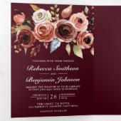 Terracotta Floral QR Code Burgundy Wedding Drieluik Uitnodiging (Binnenzijde eerst)