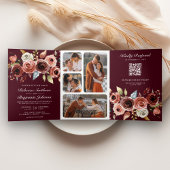 Terracotta Floral QR Code Burgundy Wedding Drieluik Uitnodiging