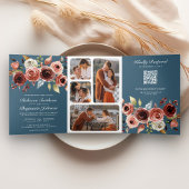 Terracotta Floral QR Code Dusty Blue Wedding Drieluik Uitnodiging
