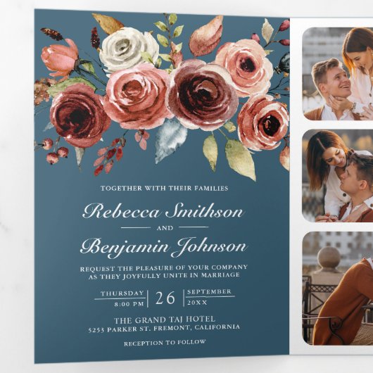 Terracotta Floral QR Code Dusty Blue Wedding Drieluik Uitnodiging (Binnenzijde eerst)