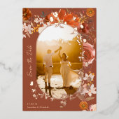 Terracotta Floral QR Code Foto slaat de datum op Folie Uitnodiging (Voorkant)