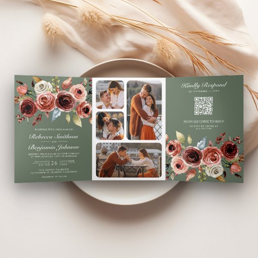 Terracotta Floral QR Code Sage Green Wedding Drieluik Uitnodiging
