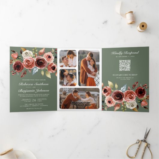 Terracotta Floral QR Code Sage Green Wedding Drieluik Uitnodiging (Binnen)