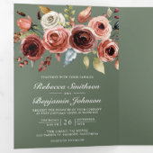 Terracotta Floral QR Code Sage Green Wedding Drieluik Uitnodiging (Binnenzijde eerst)