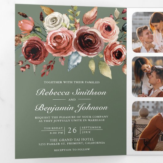 Terracotta Floral QR Code Sage Green Wedding Drieluik Uitnodiging (Binnenzijde eerst)