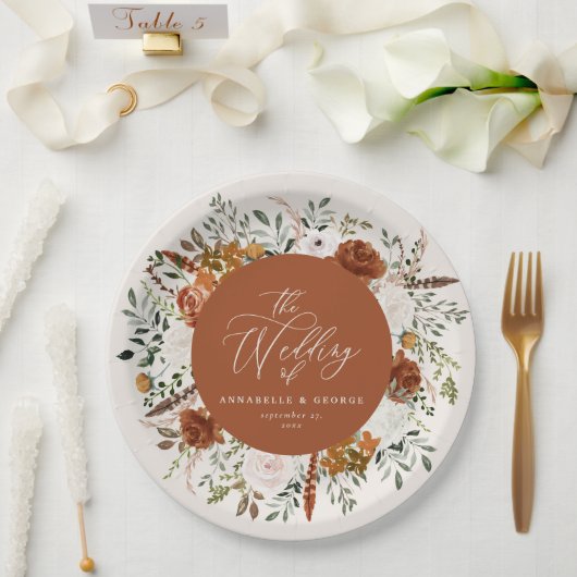 Terracotta floral rustic elegant modern huwelijk papieren bordje (Huwelijk)