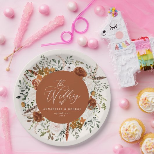 Terracotta floral rustic elegant modern huwelijk papieren bordje (Feest)