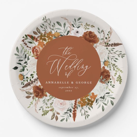 Terracotta floral rustic elegant modern huwelijk papieren bordje (Voorkant)