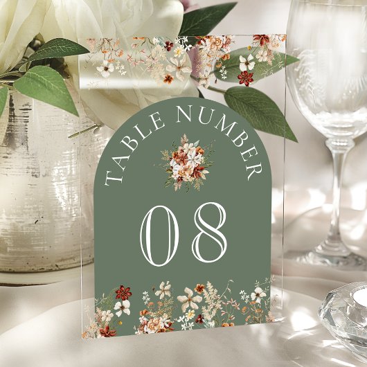 Terracotta Floral Sage Green Acrylic Table Number Acryl Uitnodigingen