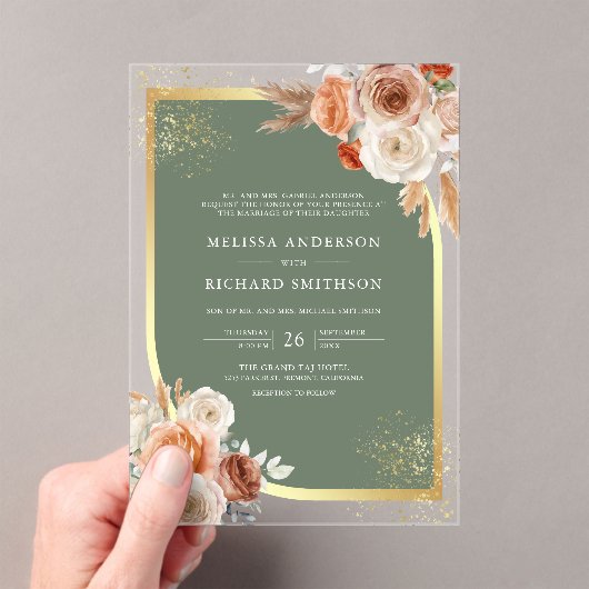 Terracotta Floral Sage Green Gold Wedding Acryl Uitnodigingen (Insitu (Draagbaar))