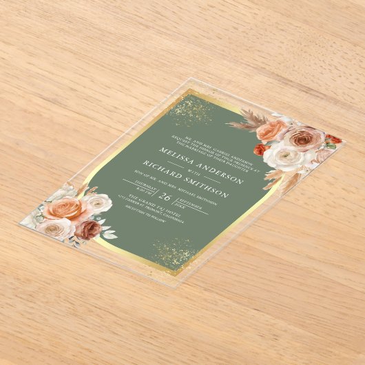 Terracotta Floral Sage Green Gold Wedding Acryl Uitnodigingen (Laagn)