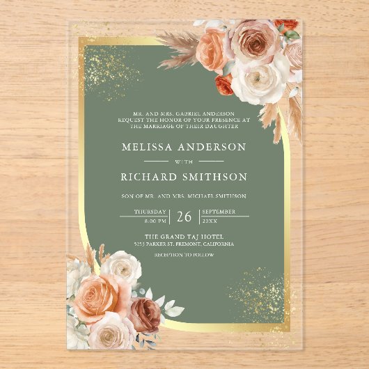 Terracotta Floral Sage Green Gold Wedding Acryl Uitnodigingen (Voorkant)