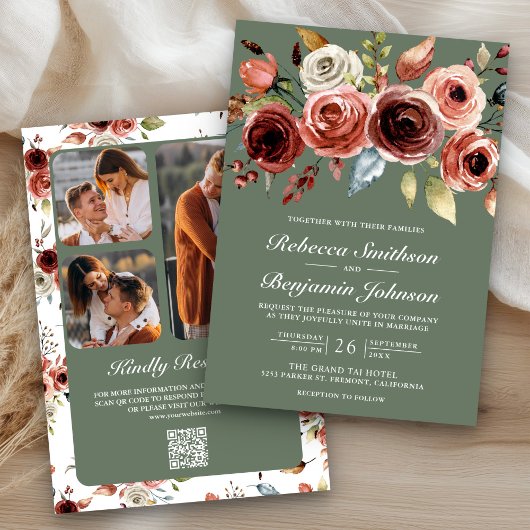 Terracotta Floral Sage Green QR Code Wedding Kaart