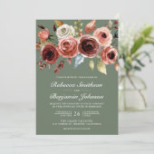 Terracotta Floral Sage Green QR Code Wedding Kaart (Staand voorkant)