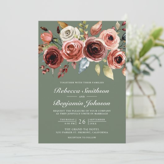 Terracotta Floral Sage Green QR Code Wedding Kaart (Staand voorkant)