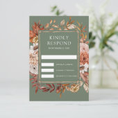 Terracotta Floral Sage Green Wedding RSVP Kaartje (Staand voorkant)