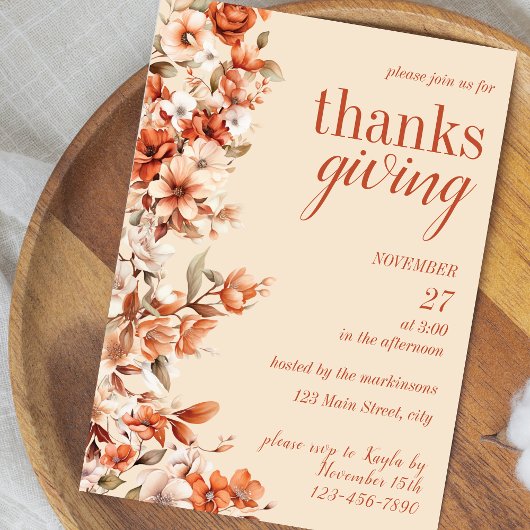 Terracotta Floral Thanksgiving Dinner Invitation Kaart
