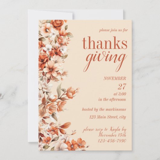Terracotta Floral Thanksgiving Dinner Invitation Kaart (Voorkant)