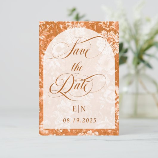 Terracotta Floral Victoriaans bruiloft Save The Date (Staand voorkant)