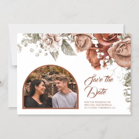 Terracotta Floral Wedding Arch Foto Bewaar de datu Magnetische Uitnodiging (Voorkant)