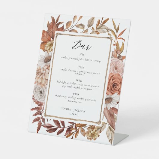 Terracotta Floral Wedding Bar Drink Reclamebord Met Voetstuk (Voorkant)