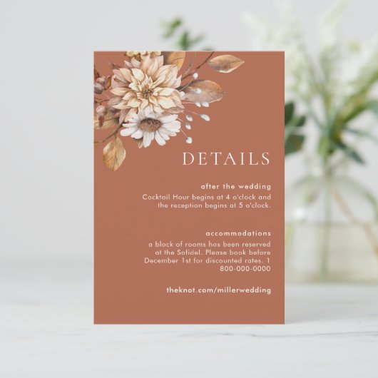 Terracotta Floral Wedding Details Enclosure Kaarte Kaart (Staand voorkant)