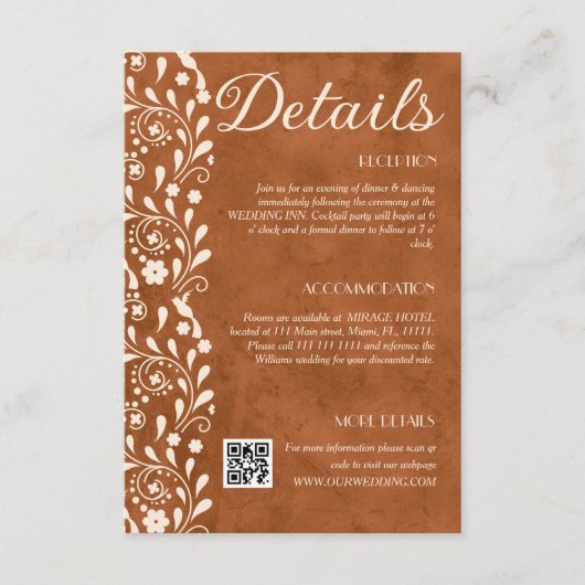 Terracotta Floral Wedding Details QR code Informatiekaartje (Voorkant)