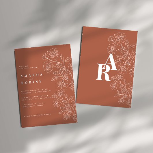 Terracotta Floral Wedding Invitation Kaart