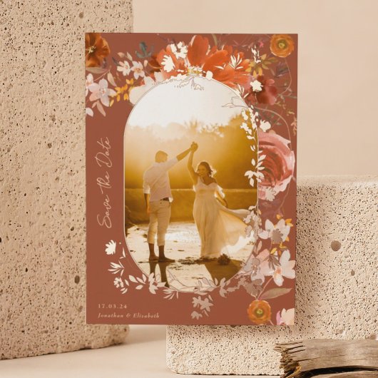 Terracotta Floral Wedding Roos Foto sparen de datu Folie Uitnodiging