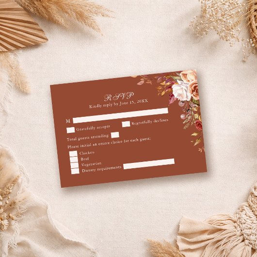 Terracotta Floral Wedding RSVP Card Fall Boho Kaartje