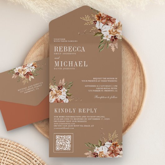 Terracotta Floral Wildflower Beige Wedding All In One Uitnodiging