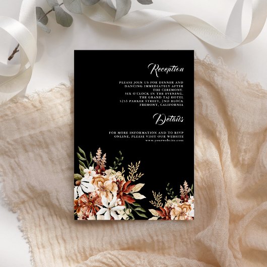 Terracotta Floral Wildflower Black Wedding Details Informatiekaartje