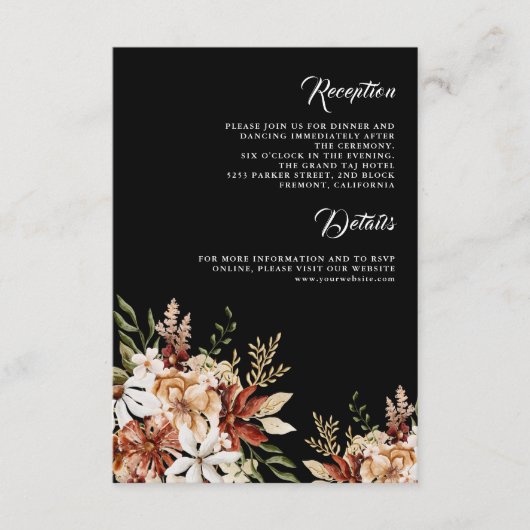 Terracotta Floral Wildflower Black Wedding Details Informatiekaartje (Voorkant)
