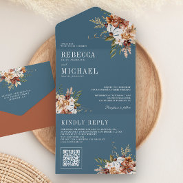 Terracotta Floral Wildflower Dusty Blue Wedding All In One Uitnodiging
