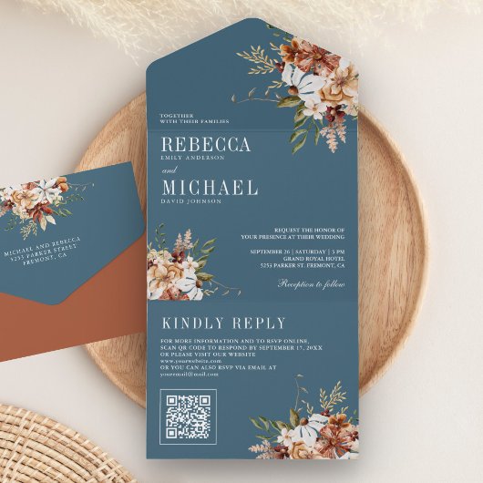 Terracotta Floral Wildflower Dusty Blue Wedding All In One Uitnodiging