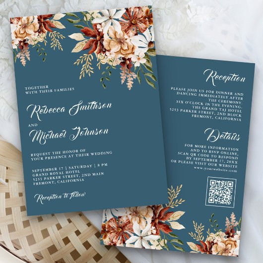Terracotta Floral Wildflower Dusty Blue Wedding Kaart