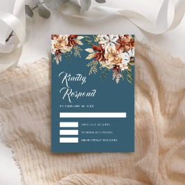 Terracotta Floral Wildflower Dusty Blue Wedding RSVP Kaartje