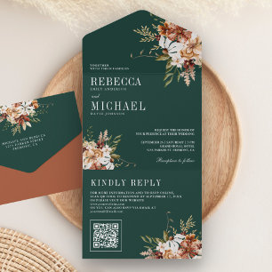 Terracotta Floral Wildflower Emerald Green Wedding All In One Uitnodiging