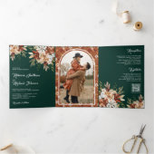 Terracotta Floral Wildflower Emerald Green Wedding Drieluik Uitnodiging (Binnen)