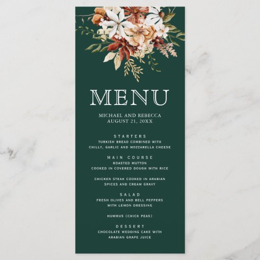 Terracotta Floral Wildflower Emerald Green Wedding Menu (Voorkant)