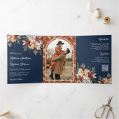 Terracotta Floral Wildflower Marine Blauwe bruilof Drieluik Uitnodiging (Binnen)