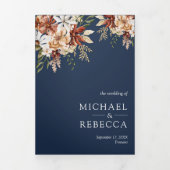 Terracotta Floral Wildflower Marine Blauwe bruilof Drieluik Uitnodiging (Cover)