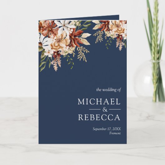 Terracotta Floral Wildflower Navy Blue Wedding (Voorkant)