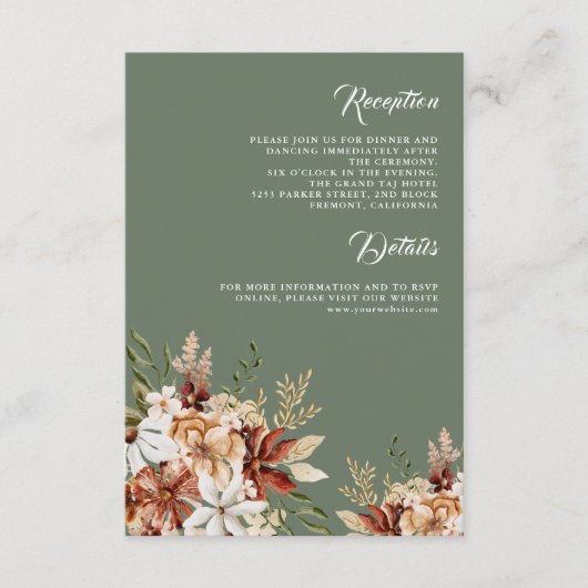 Terracotta Floral Wildflower Sage Green Wedding Informatiekaartje (Voorkant)