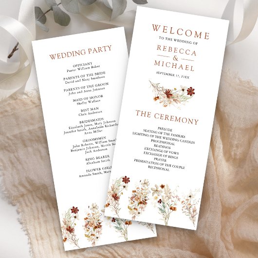 Terracotta Floral Wildflower White Wedding Program