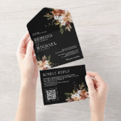 Terracotta Floral Wildflower Zwarte bruiloft All In One Uitnodiging (Afscheurbaar)