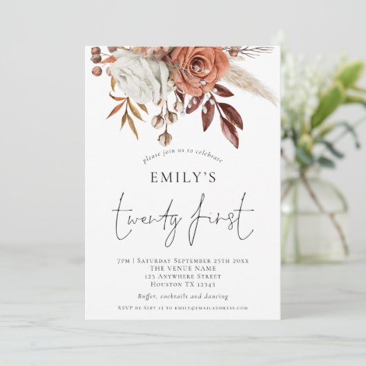 Terracotta Florals 21ste verjaardag Kaart (Staand voorkant)