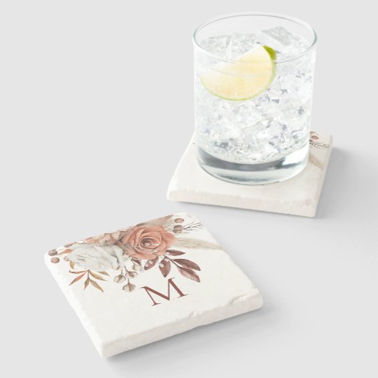 Terracotta Florals Grasses Monogram Initiaal Stenen Onderzetter (Zijkant)